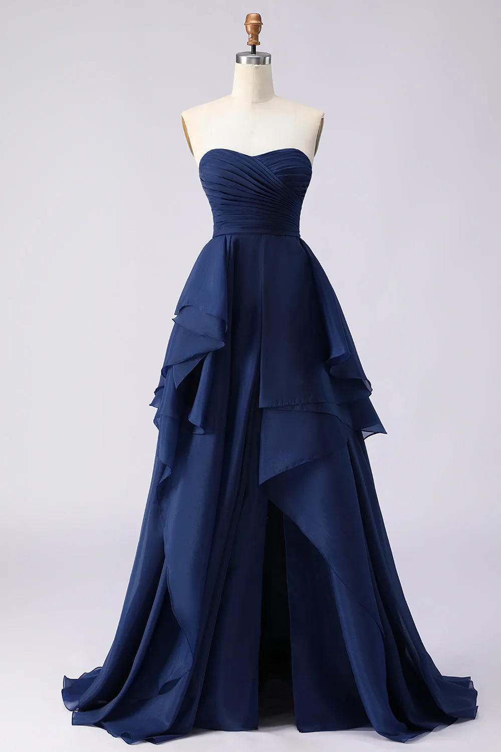 Navy Strapless Ruffled A Line Pleated Long Prom Dress with Slit sold by Zapaka
