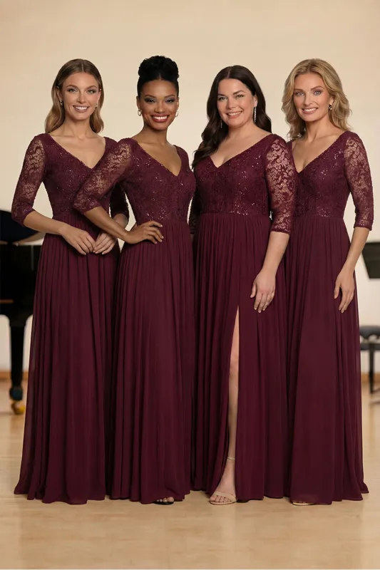 Burgundy A-Line Lace Half Sleeves Long Choir Dress with Slit sold by Zapaka