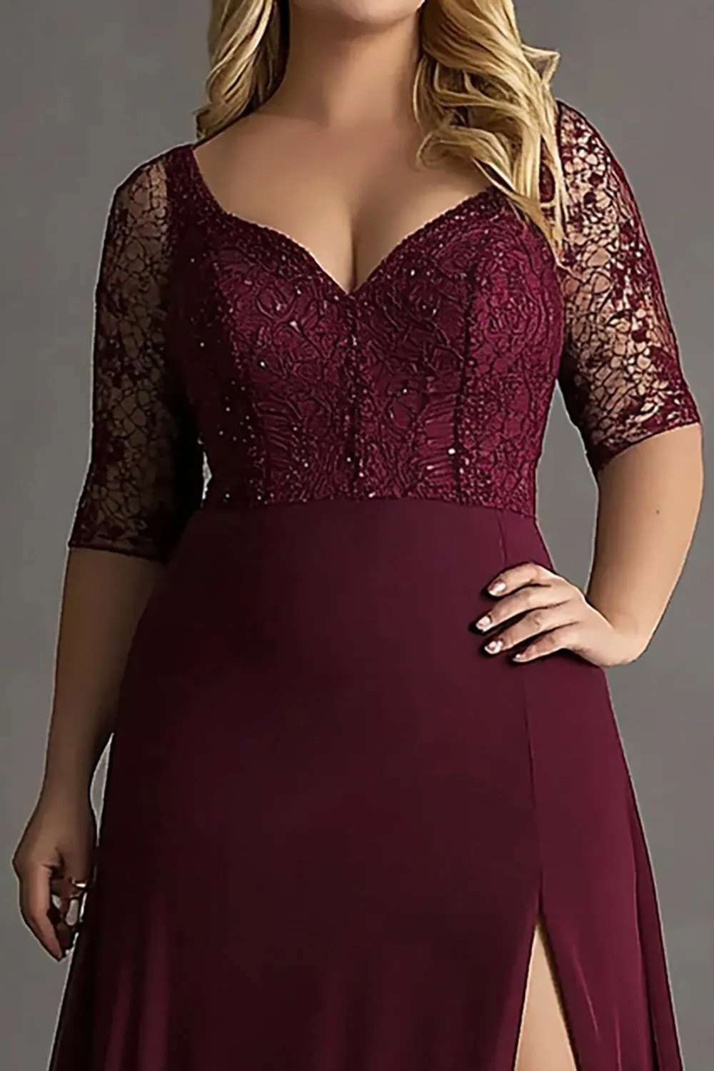 Burgundy A-Line Lace Half Sleeves Long Choir Dress with Slit sold by Zapaka product image thumbnail 3