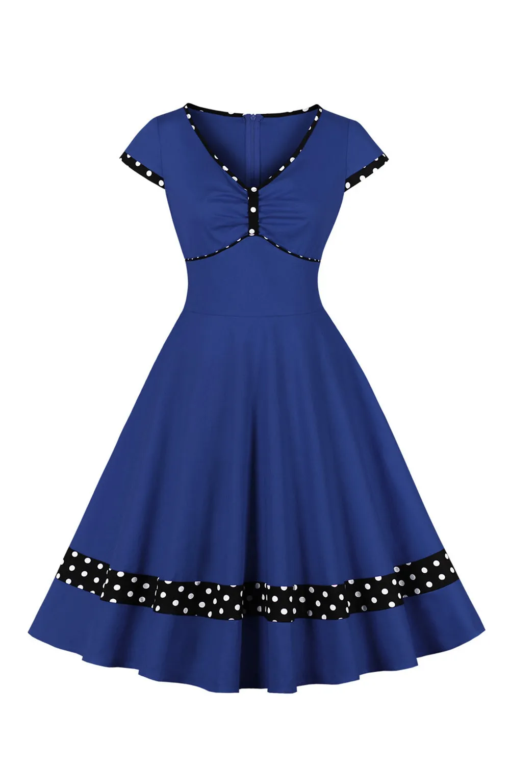 Dark Blue V Neck Polka Dots Swing 1950s Dress sold by Zapaka