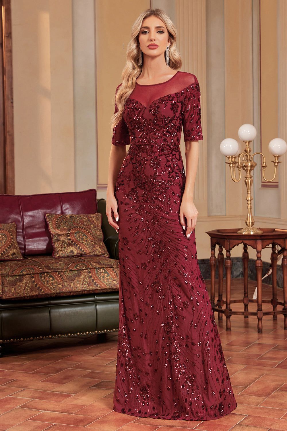 Burgundy Sparkly Formal Dress with Short Sleeves sold by Zapaka product image thumbnail 3