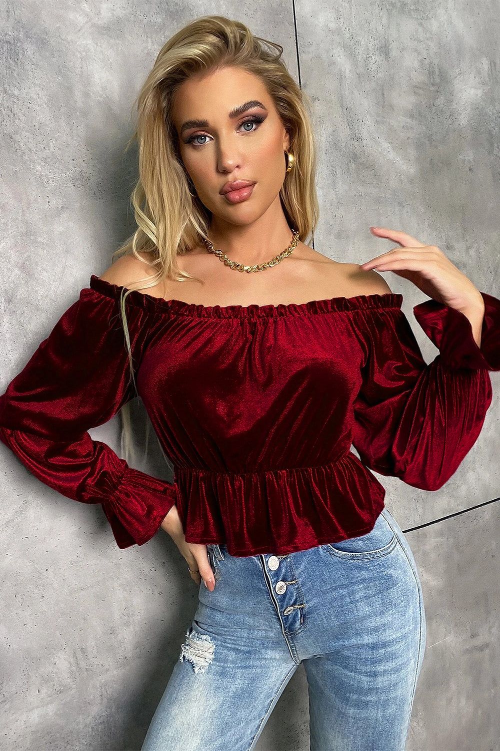 Burgundy Velvet Christmas Blouse sold by Zapaka product image thumbnail 4