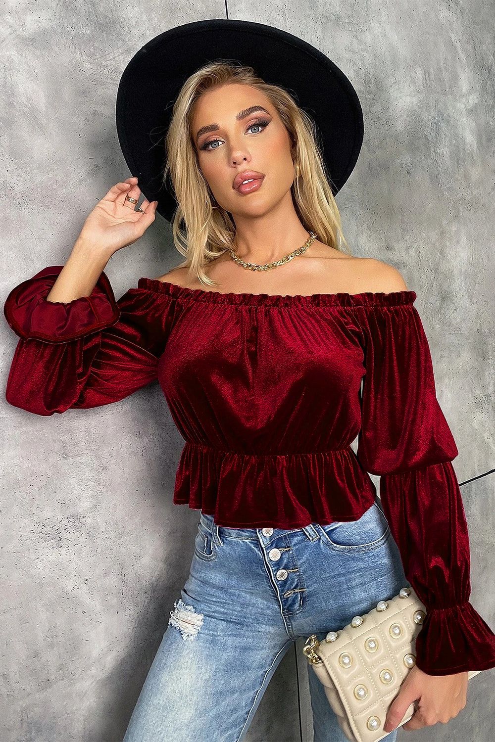 Burgundy Velvet Christmas Blouse sold by Zapaka