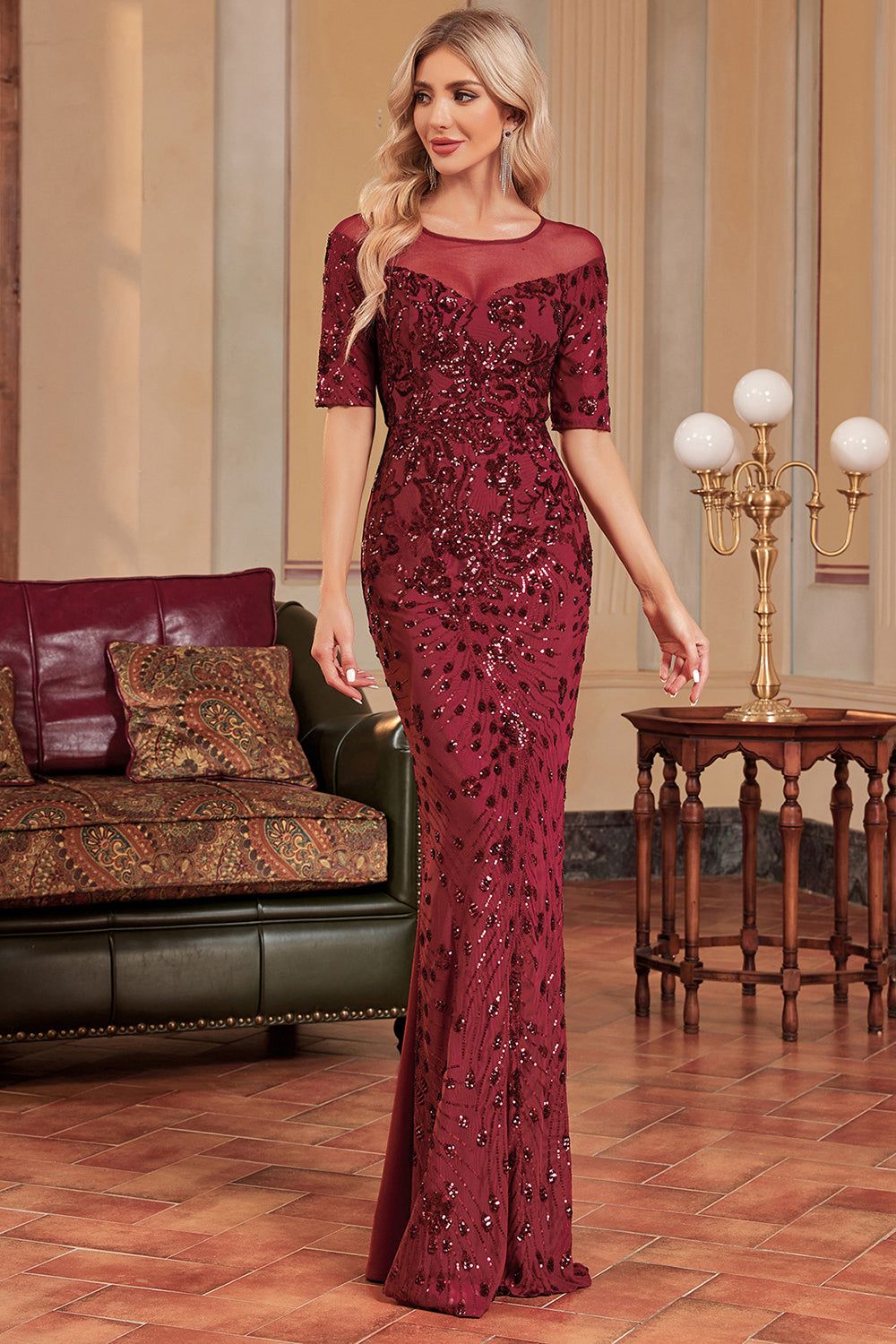 Burgundy Sparkly Formal Dress with Short Sleeves sold by Zapaka product image thumbnail 4