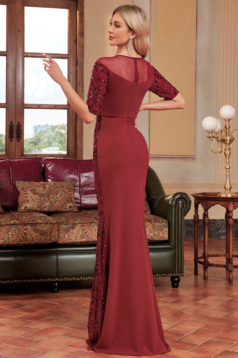Burgundy Sparkly Formal Dress with Short Sleeves sold by Zapaka product image thumbnail 2