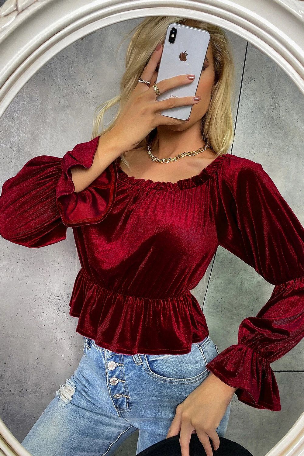 Burgundy Velvet Christmas Blouse sold by Zapaka product image thumbnail 3