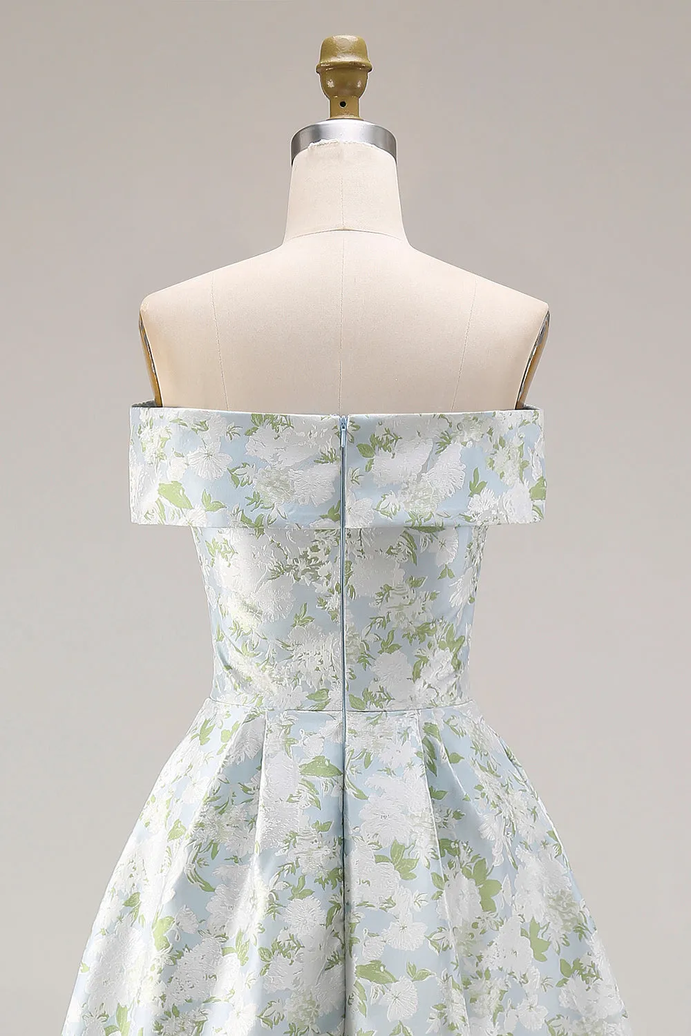 Off The Shoulder Blue White Flower A-Line Printed Satin Long Prom Dress with Slit sold by Zapaka product image thumbnail 5