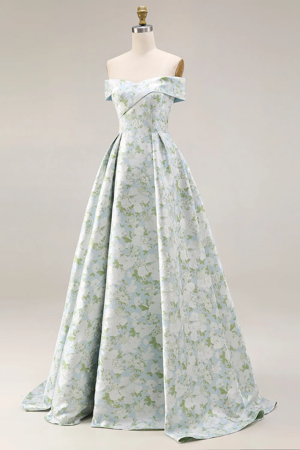 Off The Shoulder Blue White Flower A-Line Printed Satin Long Prom Dress with Slit sold by Zapaka product image thumbnail 3