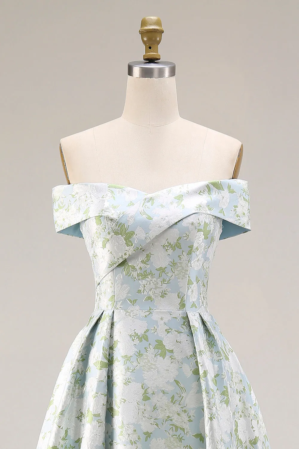 Off The Shoulder Blue White Flower A-Line Printed Satin Long Prom Dress with Slit sold by Zapaka product image thumbnail 4