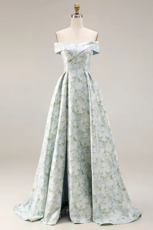 Off The Shoulder Blue White Flower A-Line Printed Satin Long Prom Dress with Slit sold by Zapaka