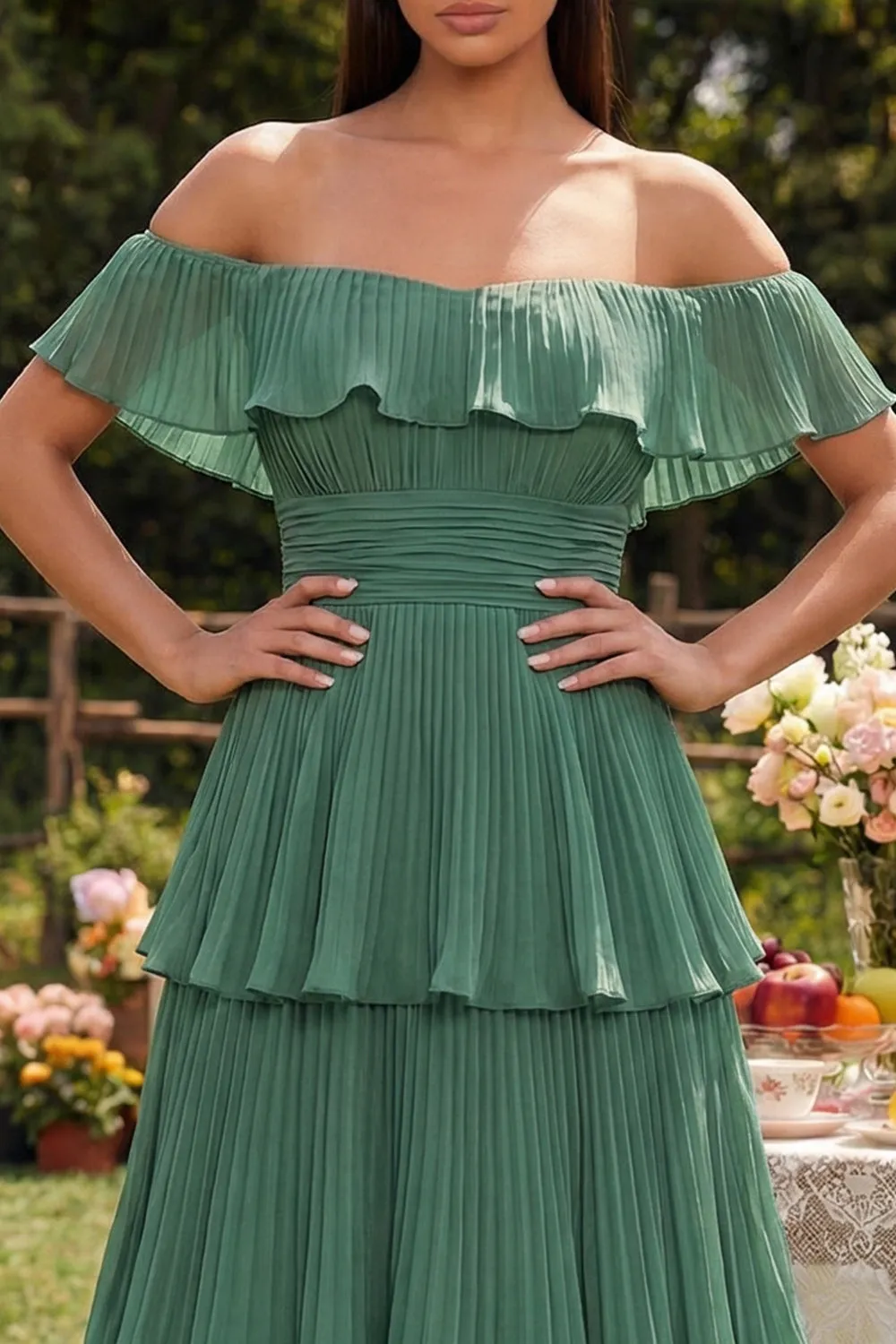 Eucalyptus Tiered Pleated Off the Shoulder A-Line Chiffon Dress sold by Zapaka product image thumbnail 4