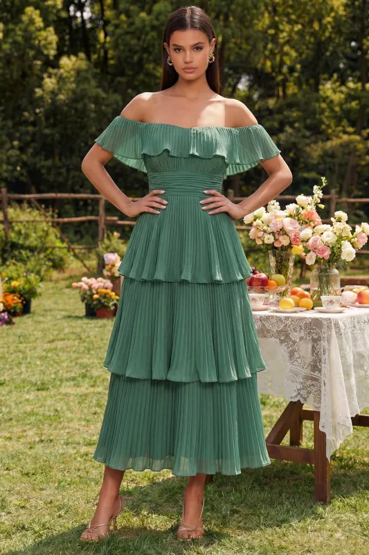 Eucalyptus Tiered Pleated Off the Shoulder A-Line Chiffon Dress made by Zapaka