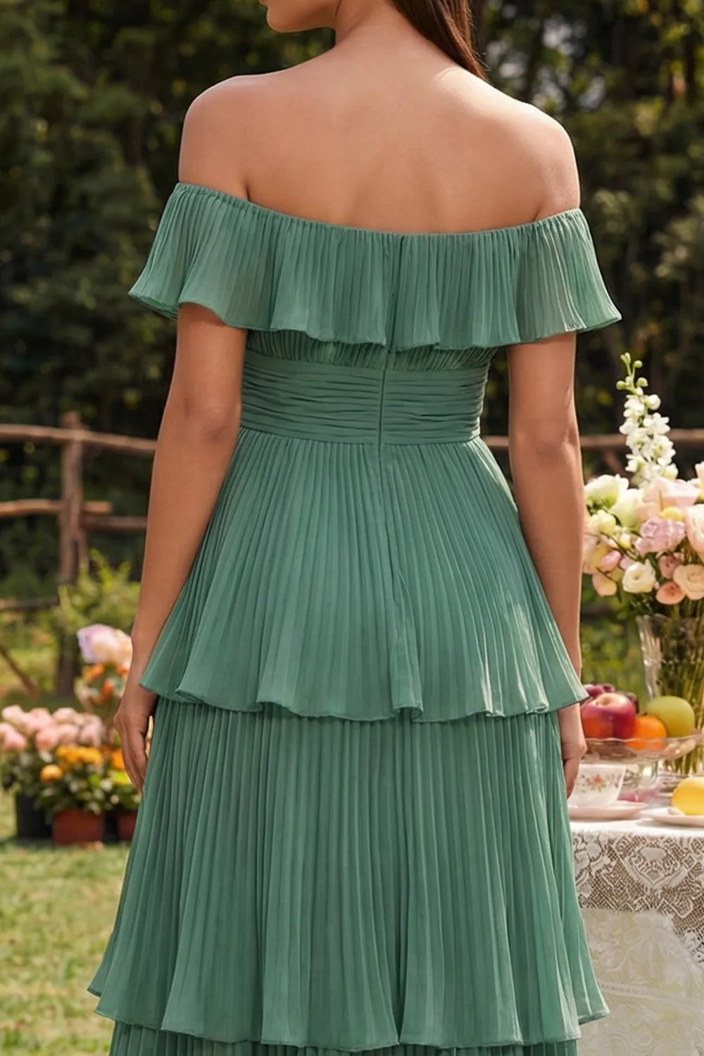 Eucalyptus Tiered Pleated Off the Shoulder A-Line Chiffon Dress sold by Zapaka product image thumbnail 5