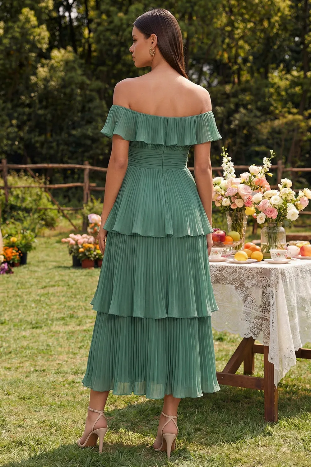 Eucalyptus Tiered Pleated Off the Shoulder A-Line Chiffon Dress sold by Zapaka product image thumbnail 2