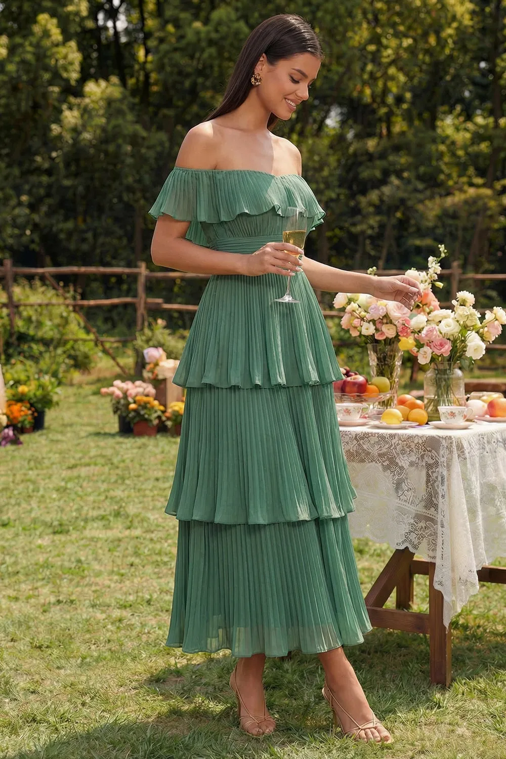 Eucalyptus Tiered Pleated Off the Shoulder A-Line Chiffon Dress sold by Zapaka product image thumbnail 3