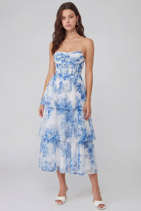 White Blue Flower Tulle A-Line Corset Strapless Tiered Midi Dress sold by Zapaka