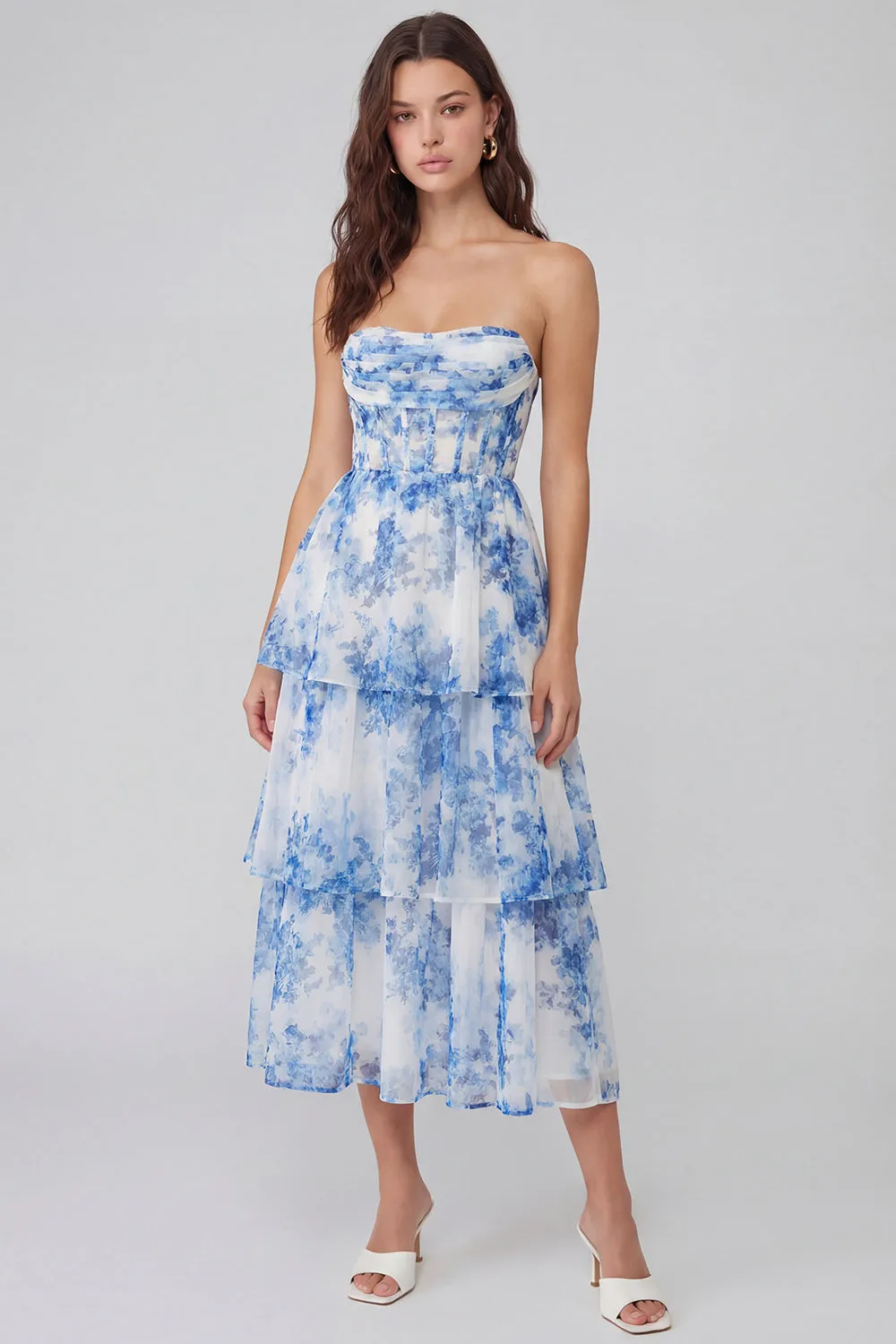 White Blue Flower Tulle A-Line Corset Strapless Tiered Midi Dress sold by Zapaka