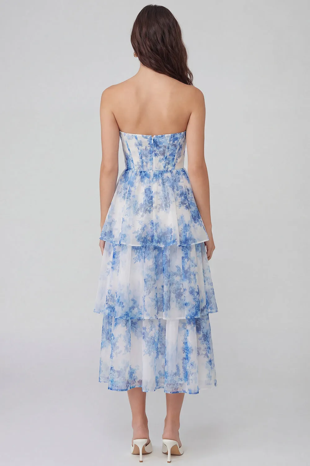 White Blue Flower Tulle A-Line Corset Strapless Tiered Midi Dress sold by Zapaka product image thumbnail 2