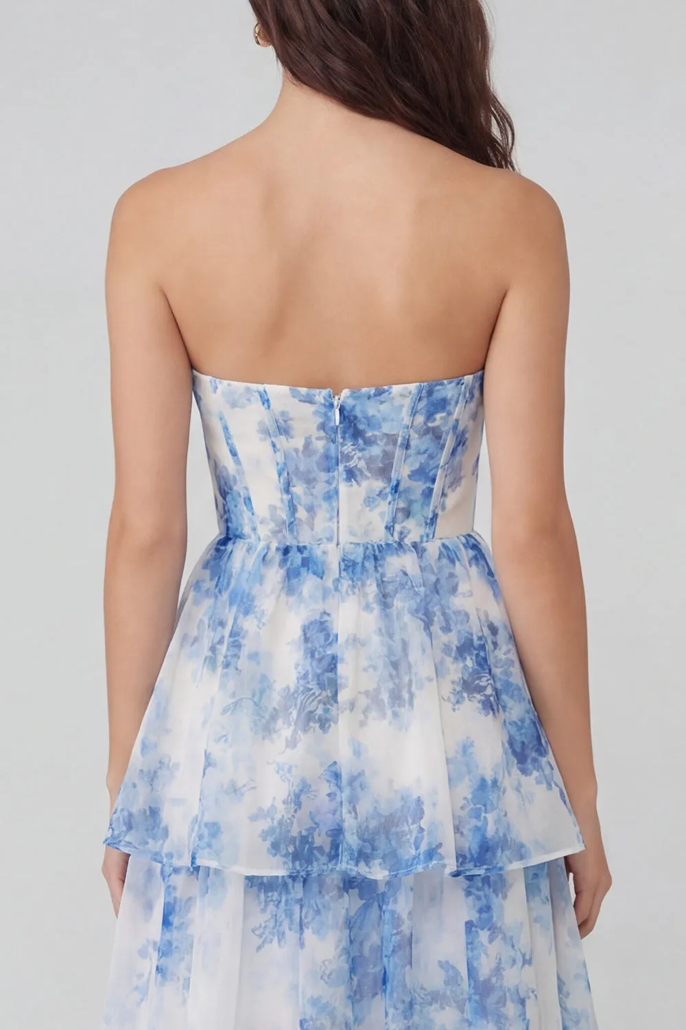 White Blue Flower Tulle A-Line Corset Strapless Tiered Midi Dress sold by Zapaka product image thumbnail 4