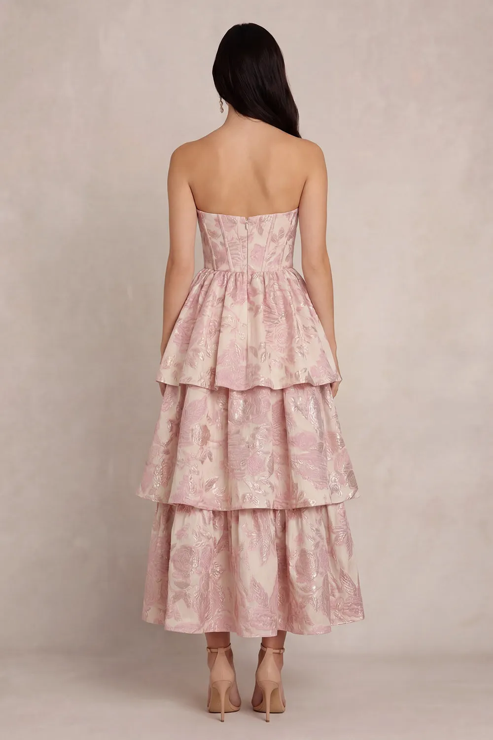 Blush Flower Jacquard Tiered A-Line Corset Strapless Satin Midi Dress sold by Zapaka product image thumbnail 2