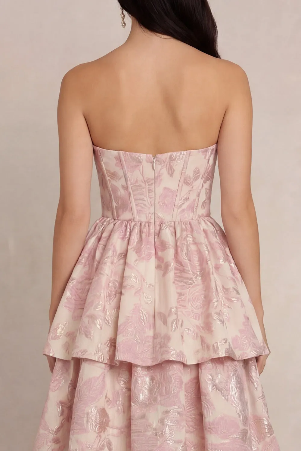 Blush Flower Jacquard Tiered A-Line Corset Strapless Satin Midi Dress sold by Zapaka product image thumbnail 4
