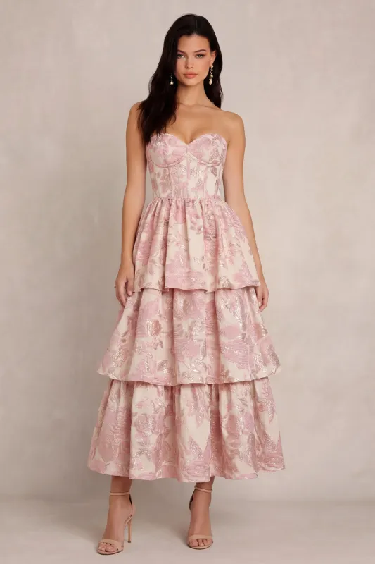 Blush Flower Jacquard Tiered A-Line Corset Strapless Satin Midi Dress sold by Zapaka