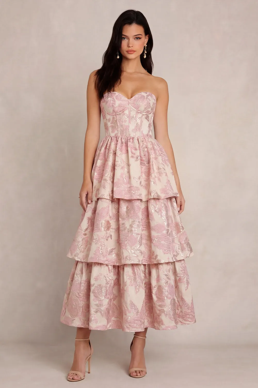 Blush Flower Jacquard Tiered A-Line Corset Strapless Satin Midi Dress sold by Zapaka