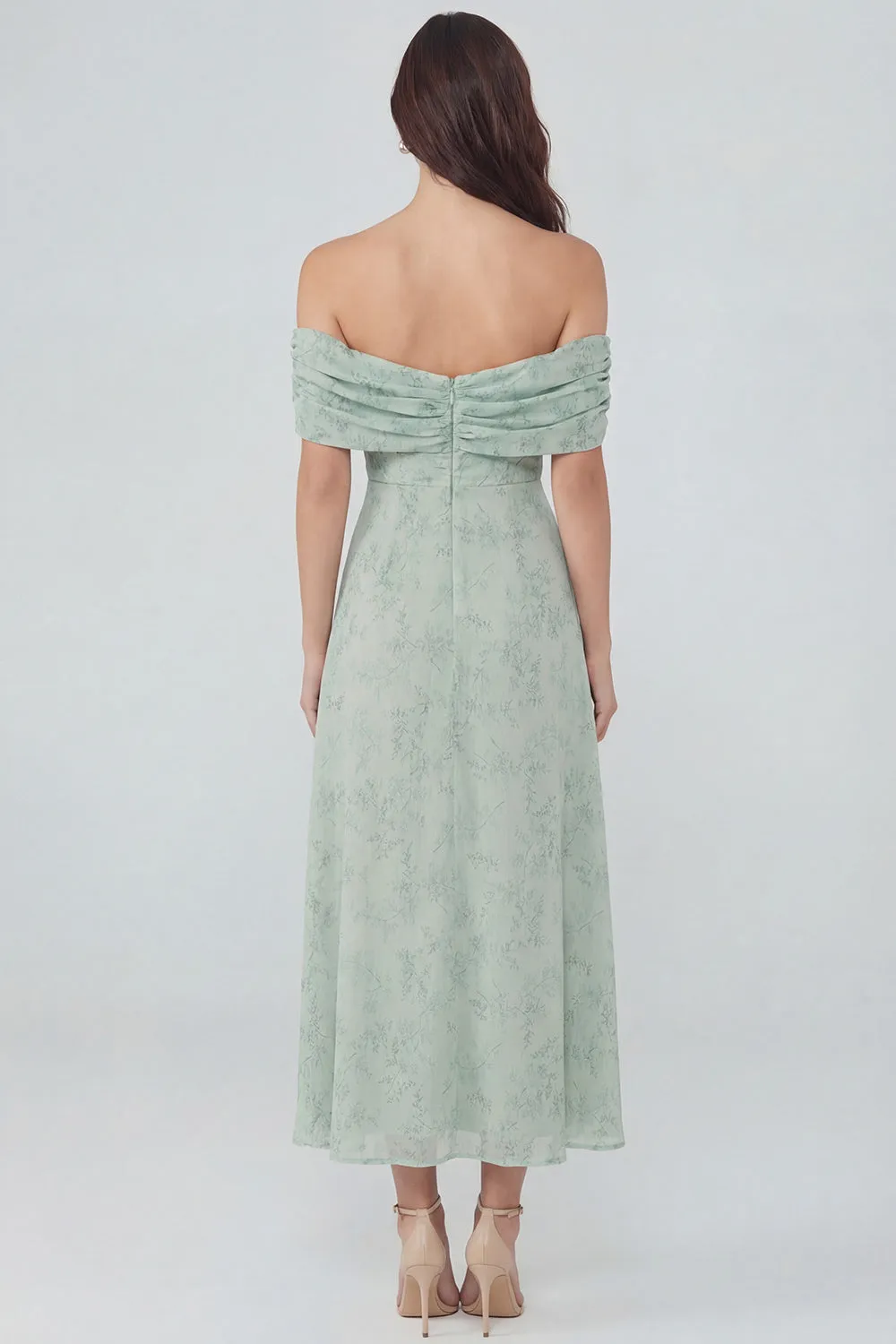 Dusty Sage Printed Chiffon A-Line Off the Shoulder Midi Dress with Slit sold by Zapaka product image thumbnail 2