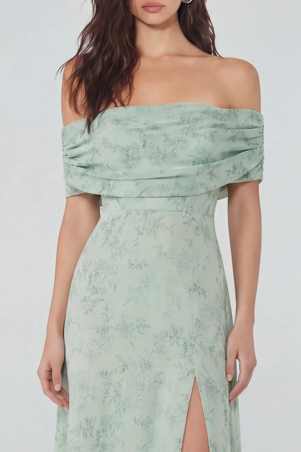 Dusty Sage Printed Chiffon A-Line Off the Shoulder Midi Dress with Slit sold by Zapaka product image thumbnail 3