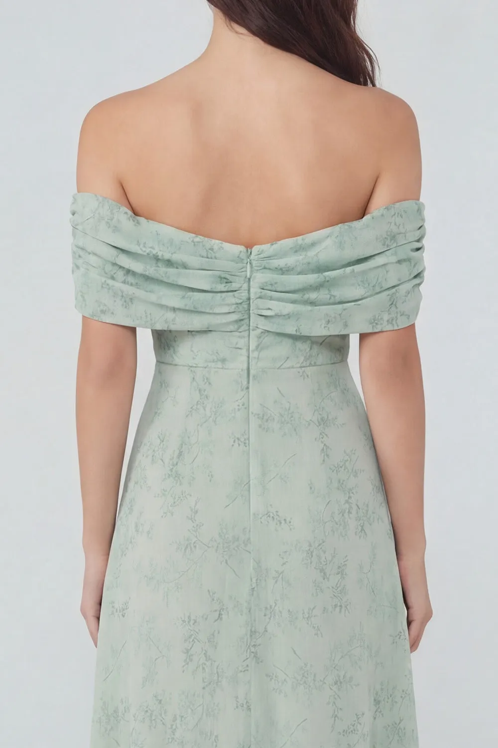 Dusty Sage Printed Chiffon A-Line Off the Shoulder Midi Dress with Slit sold by Zapaka product image thumbnail 4