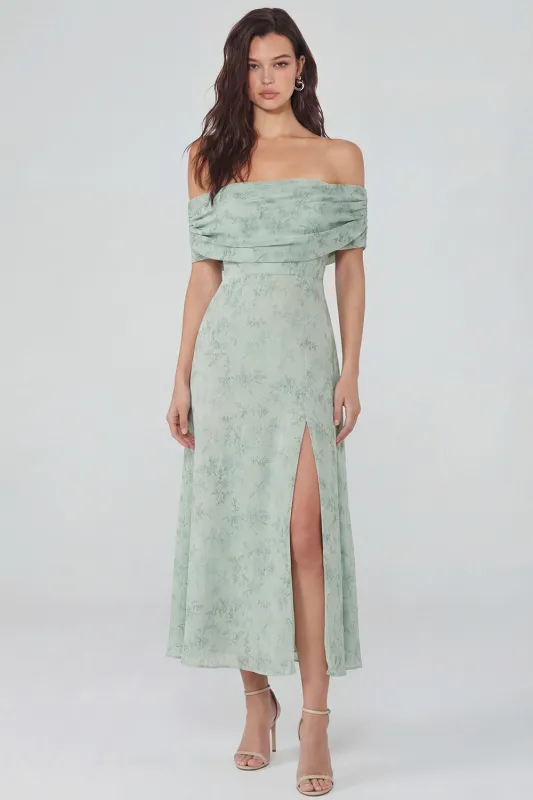 Dusty Sage Printed Chiffon A-Line Off the Shoulder Midi Dress with Slit sold by Zapaka