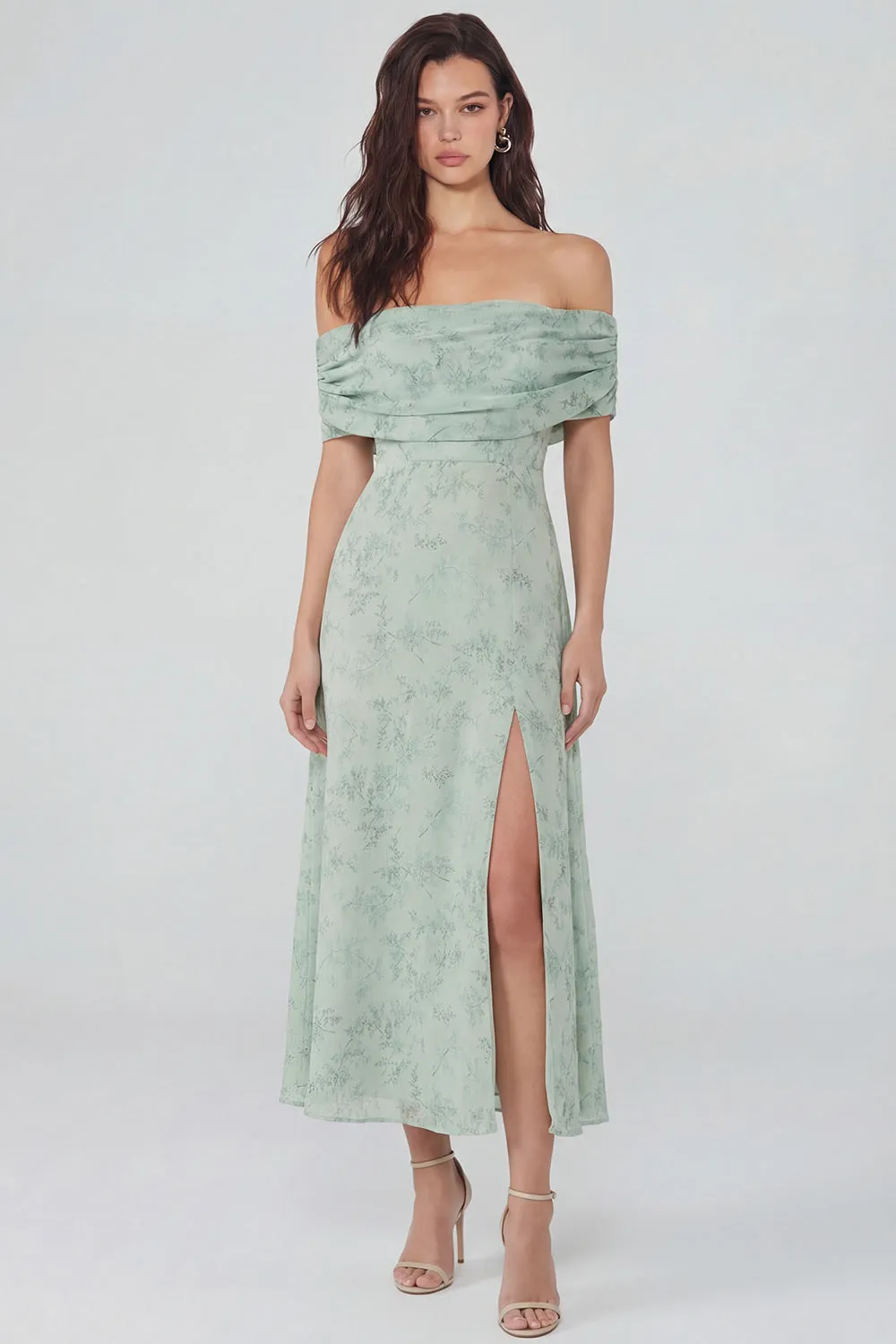Dusty Sage Printed Chiffon A-Line Off the Shoulder Midi Dress with Slit sold by Zapaka