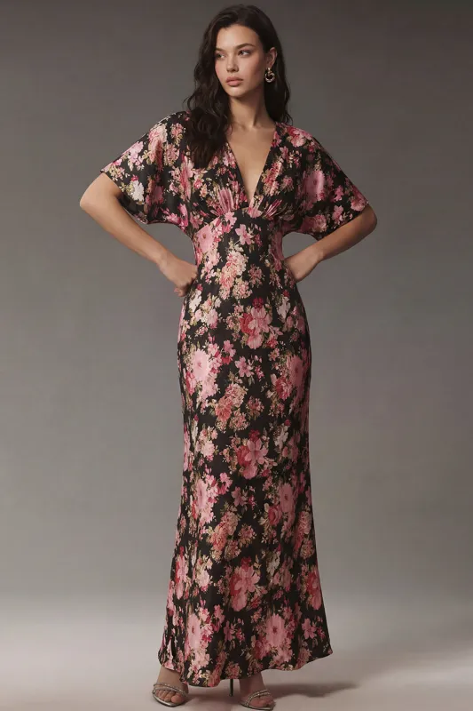 Black Pink Flower V Neck Sheath Satin Floral Dress with Short Sleeves made by Zapaka