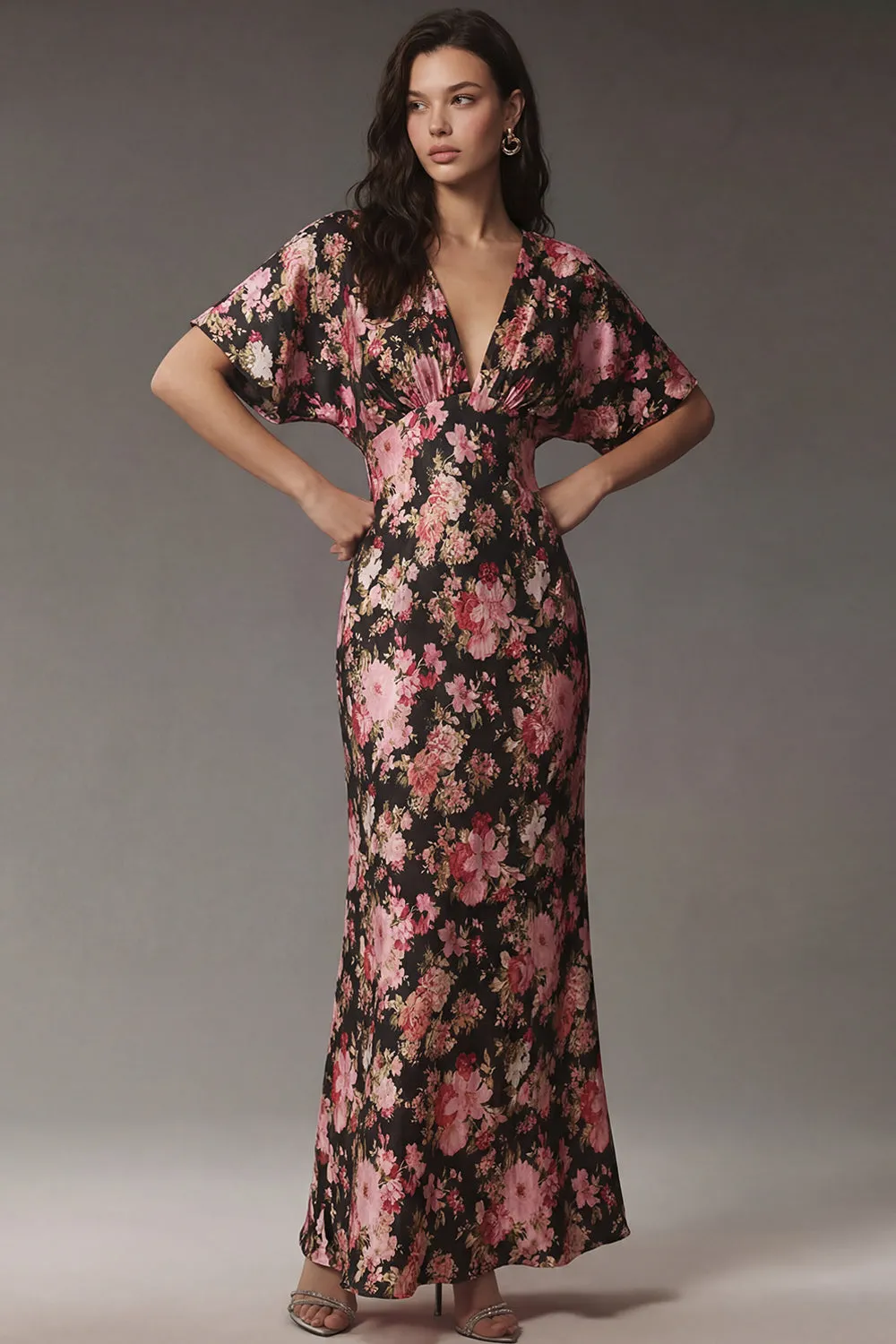 Black Pink Flower V Neck Sheath Satin Floral Dress with Short Sleeves sold by Zapaka
