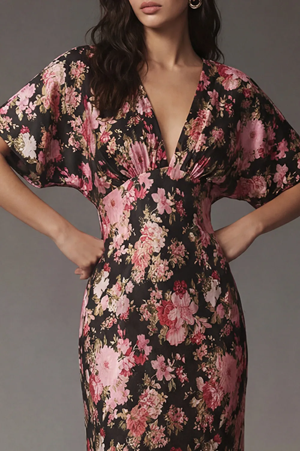 Black Pink Flower V Neck Sheath Satin Floral Dress with Short Sleeves sold by Zapaka product image thumbnail 3