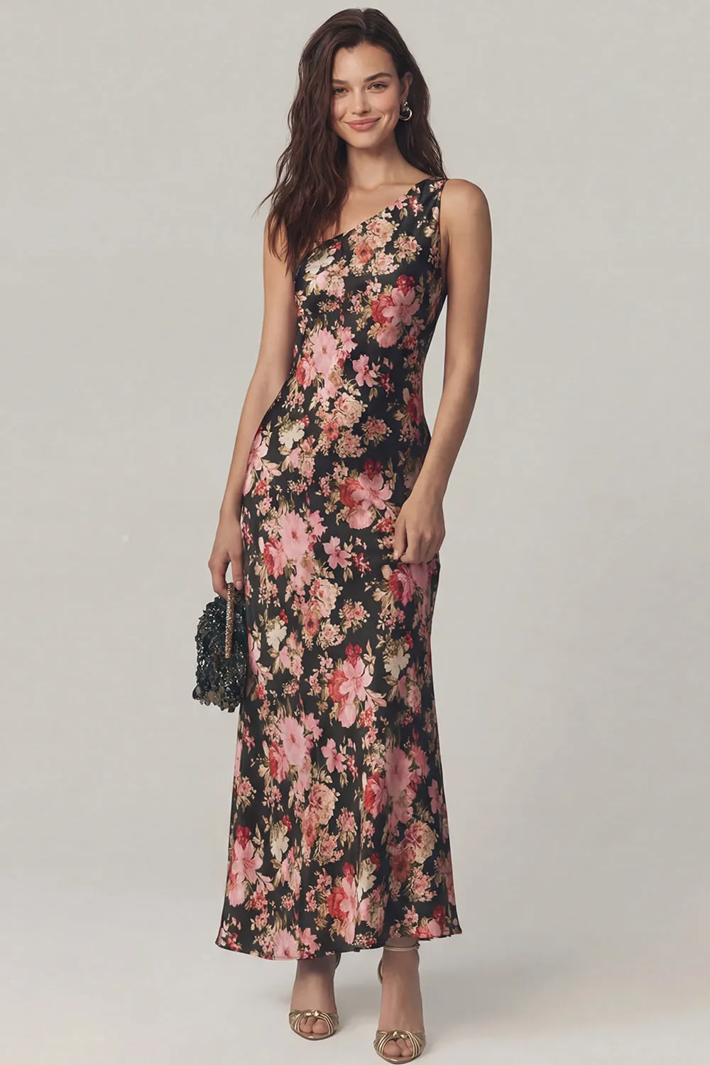 Black Pink Flower One Shoulder Sheath Printed Satin Dress sold by Zapaka