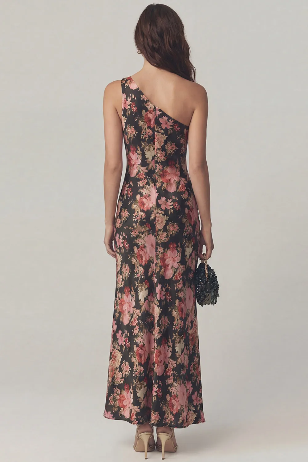 Black Pink Flower One Shoulder Sheath Printed Satin Dress sold by Zapaka product image thumbnail 2