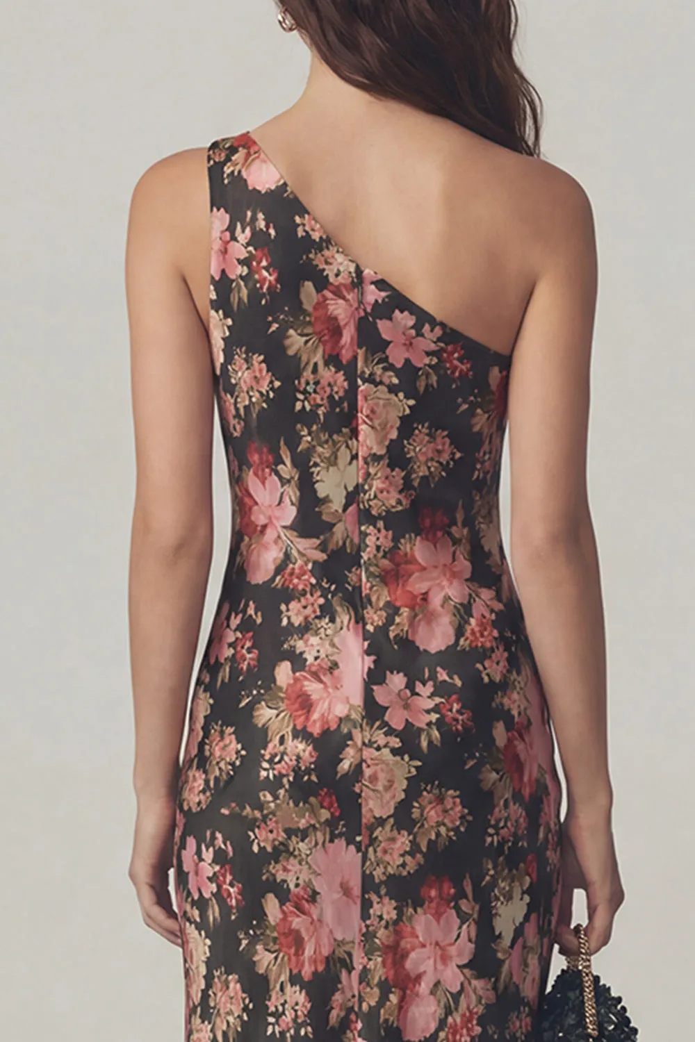Black Pink Flower One Shoulder Sheath Printed Satin Dress sold by Zapaka product image thumbnail 4