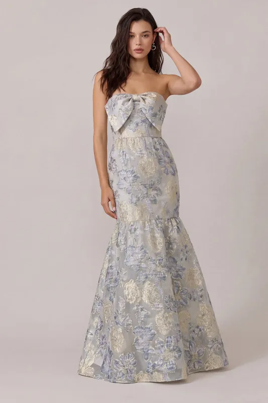 Dusty Blue Jacquard Satin Mermaid Maxi Floral with Bowknot made by Zapaka