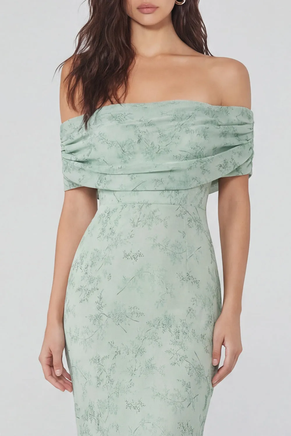 Dusty Sage Print Off the Shoulder Sheath Chiffon Midi Dress sold by Zapaka product image thumbnail 3
