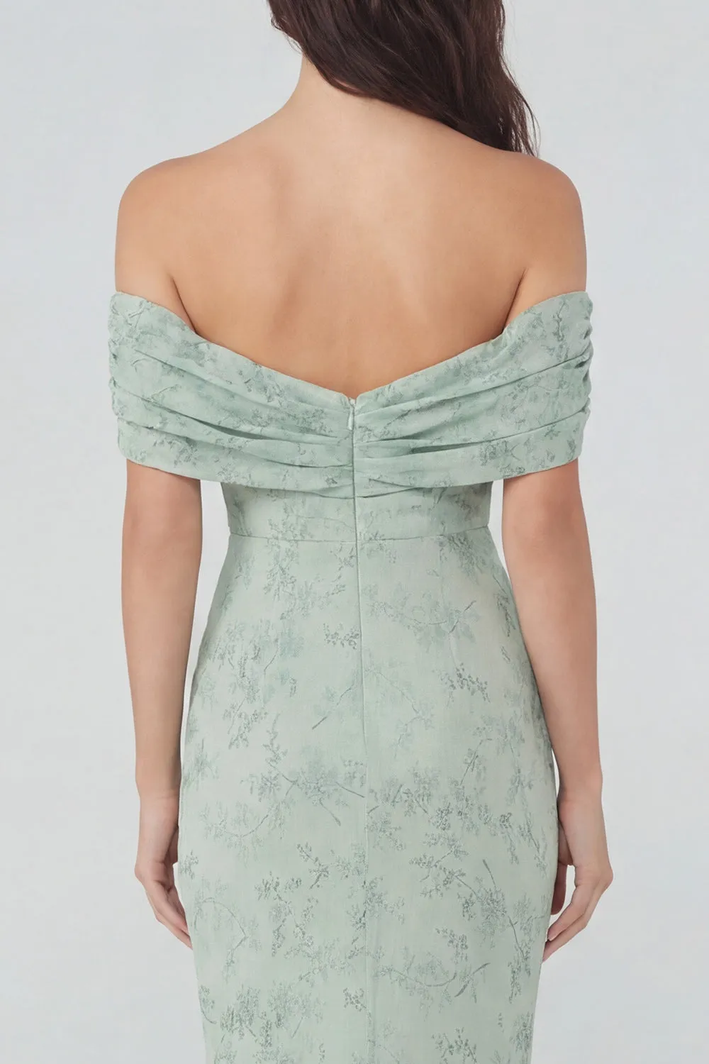 Dusty Sage Print Off the Shoulder Sheath Chiffon Midi Dress sold by Zapaka product image thumbnail 4