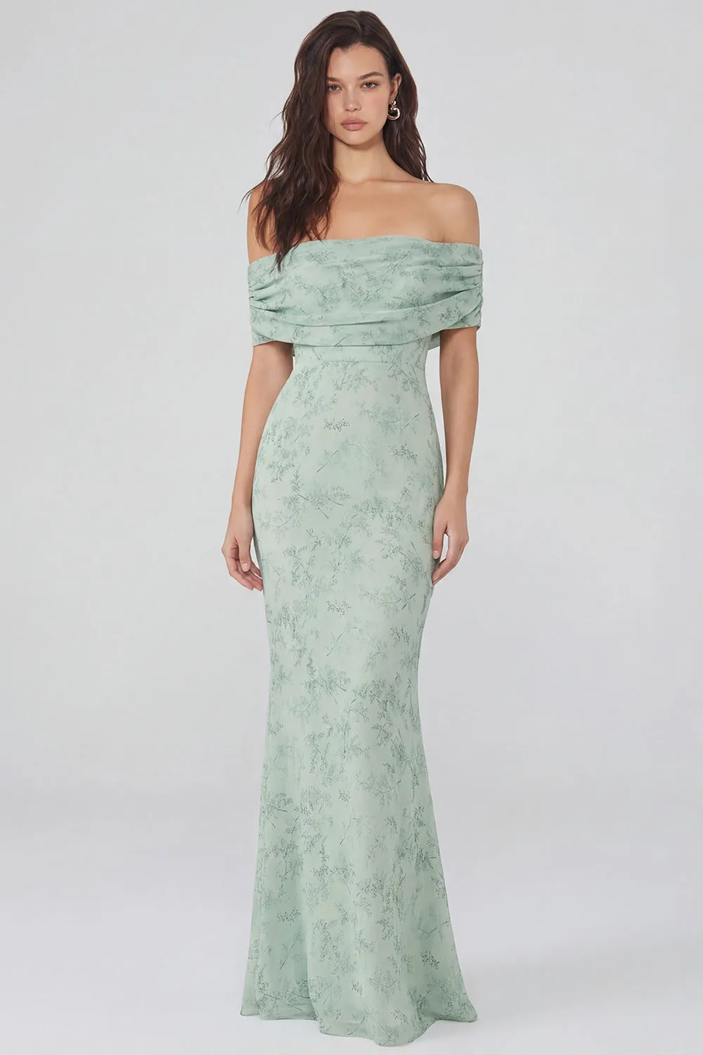 Dusty Sage Print Off the Shoulder Sheath Chiffon Midi Dress sold by Zapaka