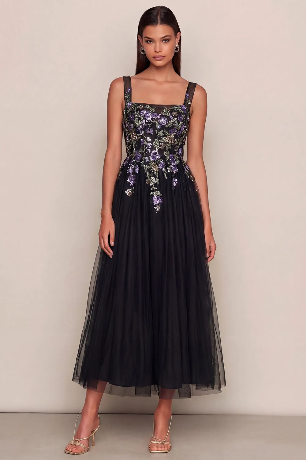 Black Appliqued A-Line Tulle Square Neck Midi Dress sold by Zapaka