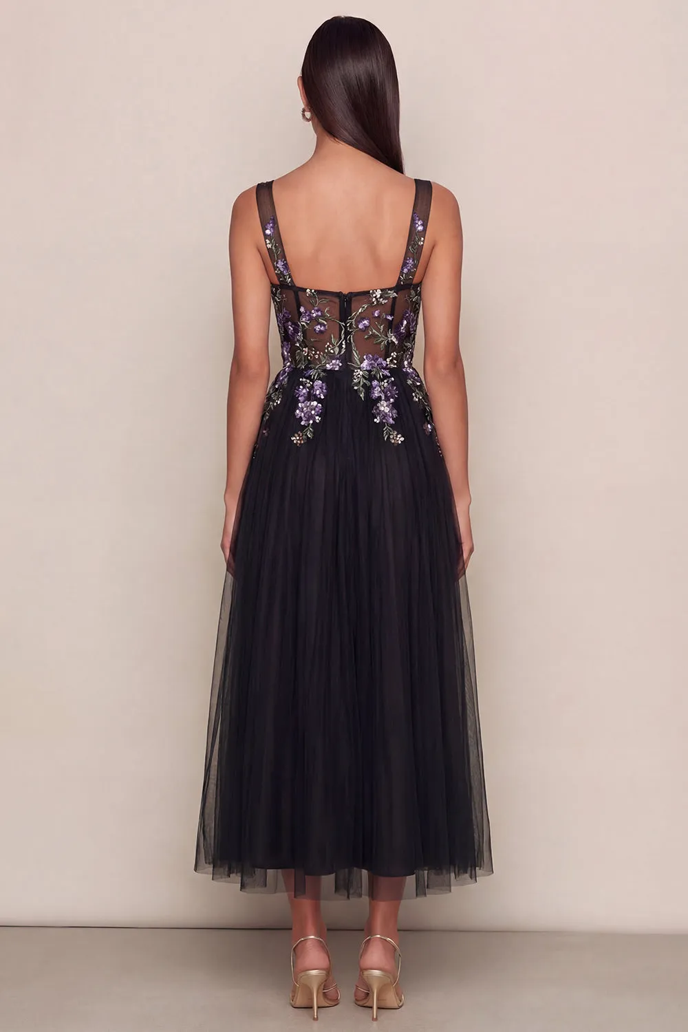 Black Appliqued A-Line Tulle Square Neck Midi Dress sold by Zapaka product image thumbnail 2