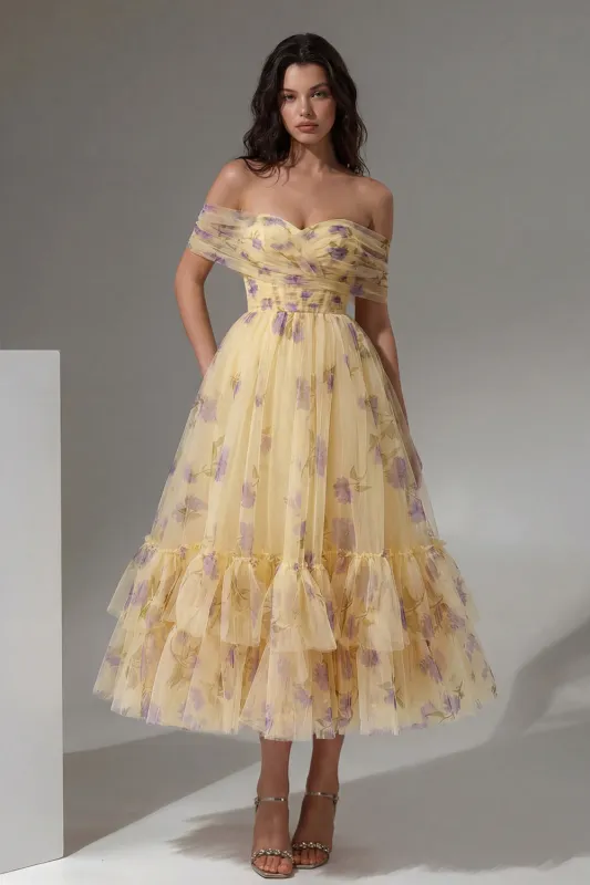 Yellow Floral Off the Shoulder A-Line Tulle Midi Dress with Ruffles sold by Zapaka
