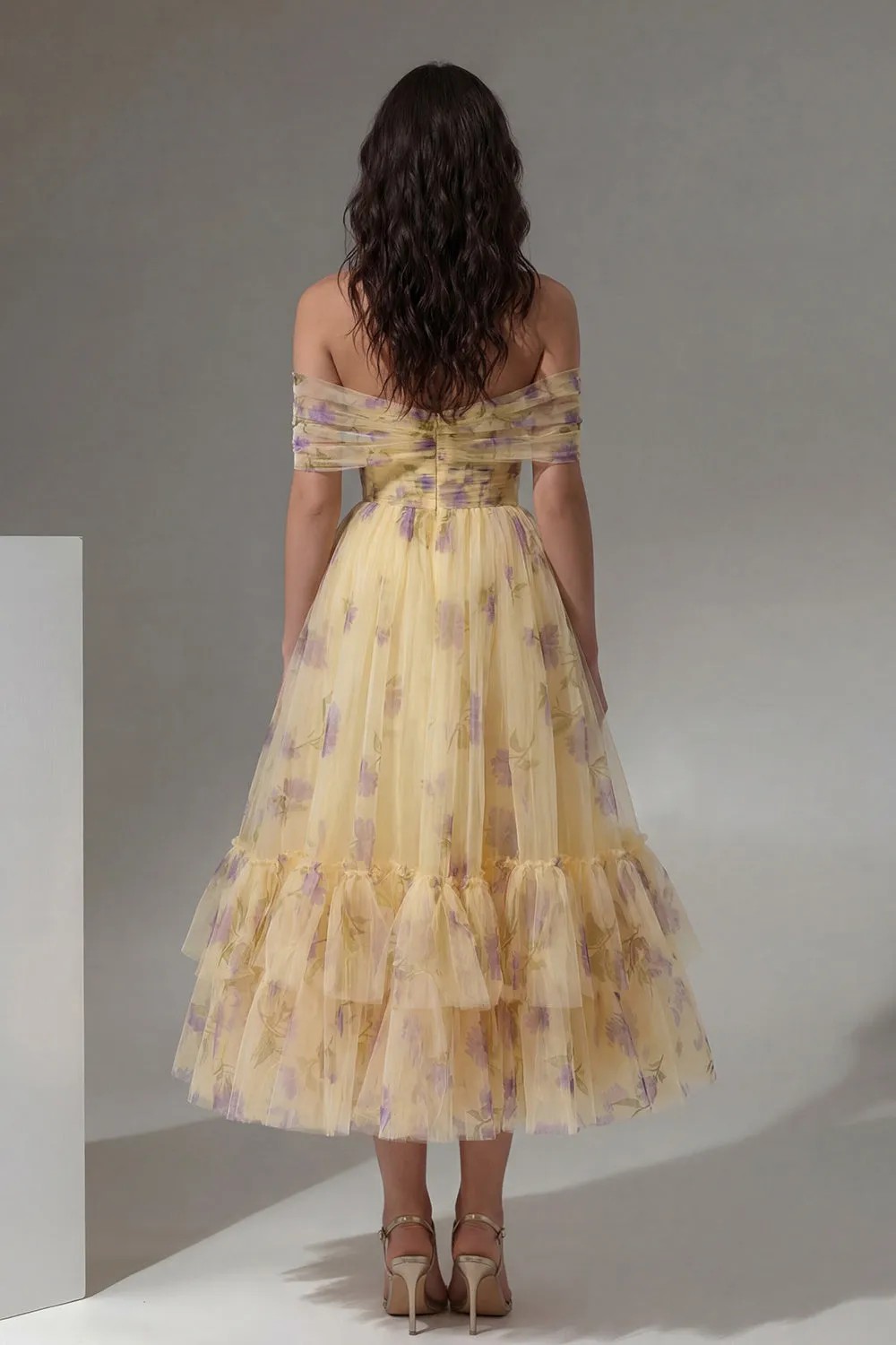 Yellow Floral Off the Shoulder A-Line Tulle Midi Dress with Ruffles sold by Zapaka product image thumbnail 2