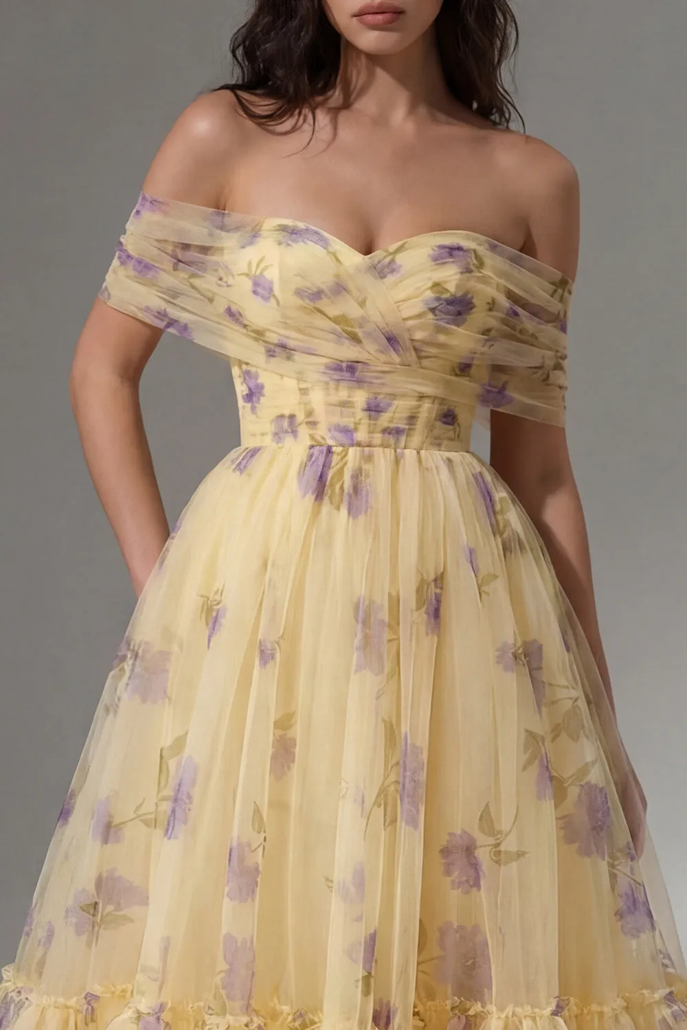 Yellow Floral Off the Shoulder A-Line Tulle Midi Dress with Ruffles sold by Zapaka product image thumbnail 3