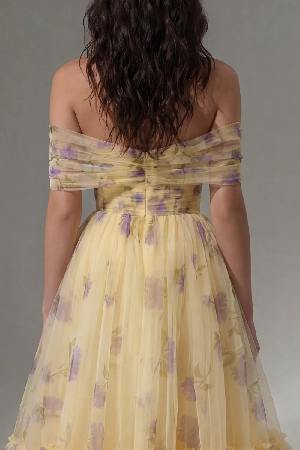 Yellow Floral Off the Shoulder A-Line Tulle Midi Dress with Ruffles sold by Zapaka product image thumbnail 4