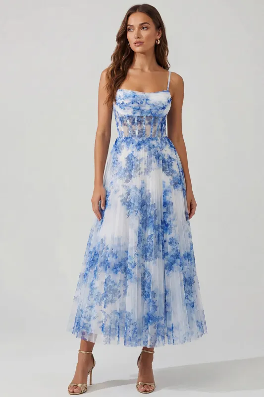 White Blue Flower Tulle A-Line Corset Spaghetti Straps Midi Dress sold by Zapaka
