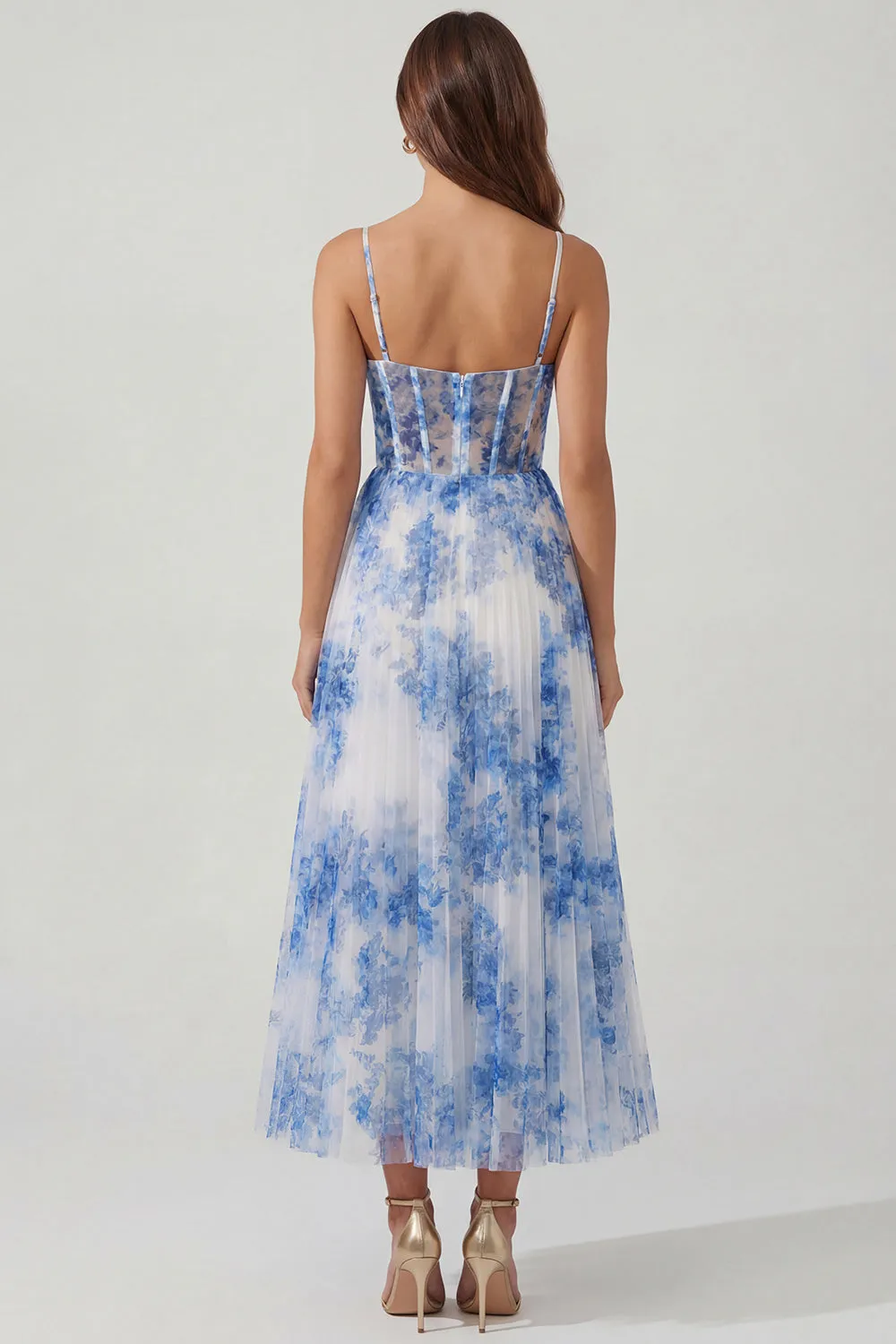 White Blue Flower Tulle A-Line Corset Spaghetti Straps Midi Dress sold by Zapaka product image thumbnail 2